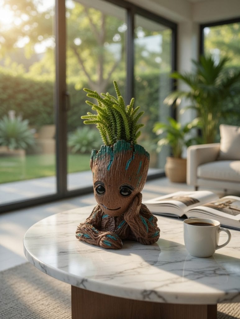 עציץ בטון פיסולי דגם "בייבי גרוט" (Groot) כולל סוקולנט מהמם — יצירת בטון בעבודת יד של "לעוף על המרפסת"