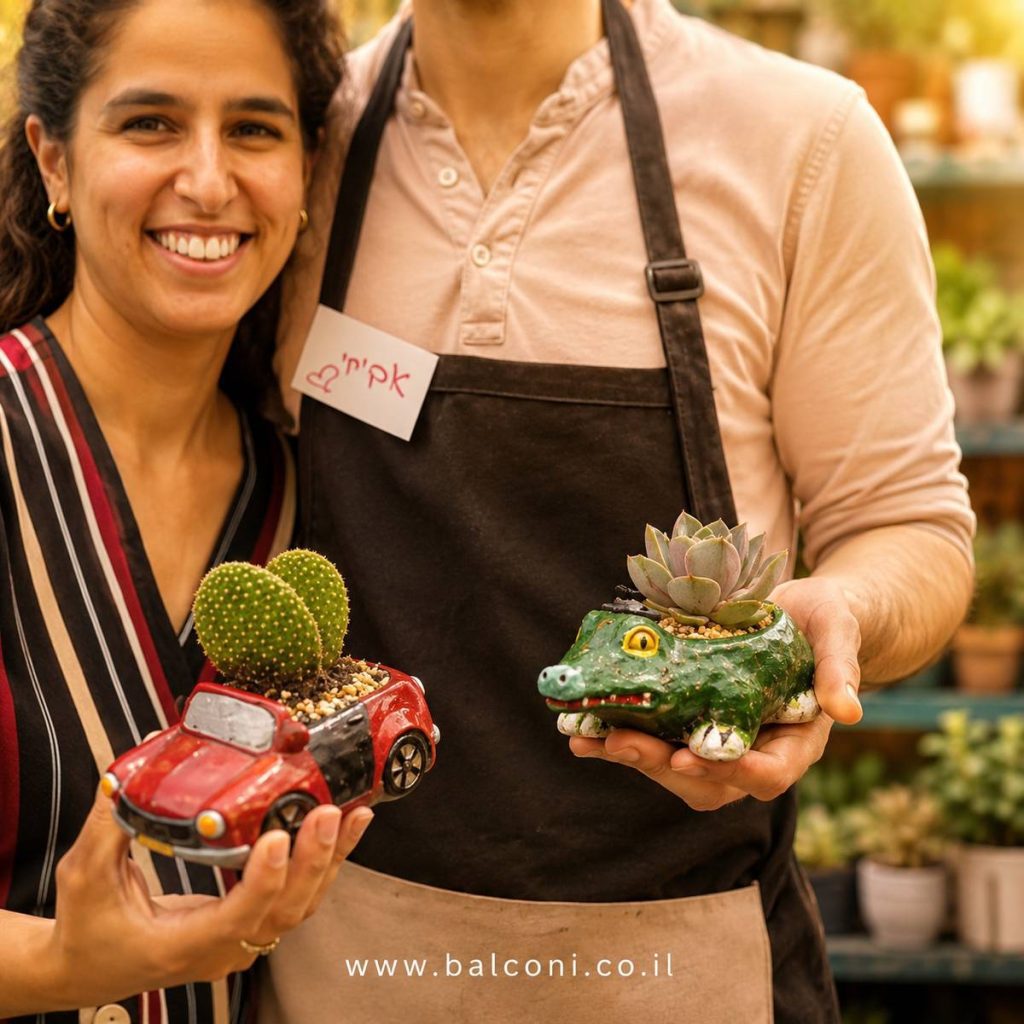 עציץ בטון מעוצב דגם "תנין" כולל סוקולנט – מחלקת בעלי חיים — יצירת בטון בעבודת יד של "לעוף על המרפסת"