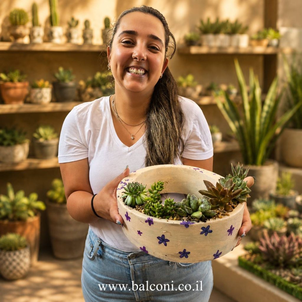 משתתפת מחייכת מחזיקה עציץ בטון בעיצוב ינשוף עם סוקולנט ועציץ נוסף בעיצוב מגף, על דלפק