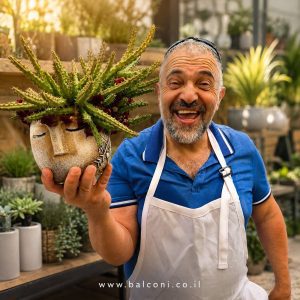 עציץ בטון פיסולי דגם "פני בודהה במדיטציה" כולל סוקולנט עשיר