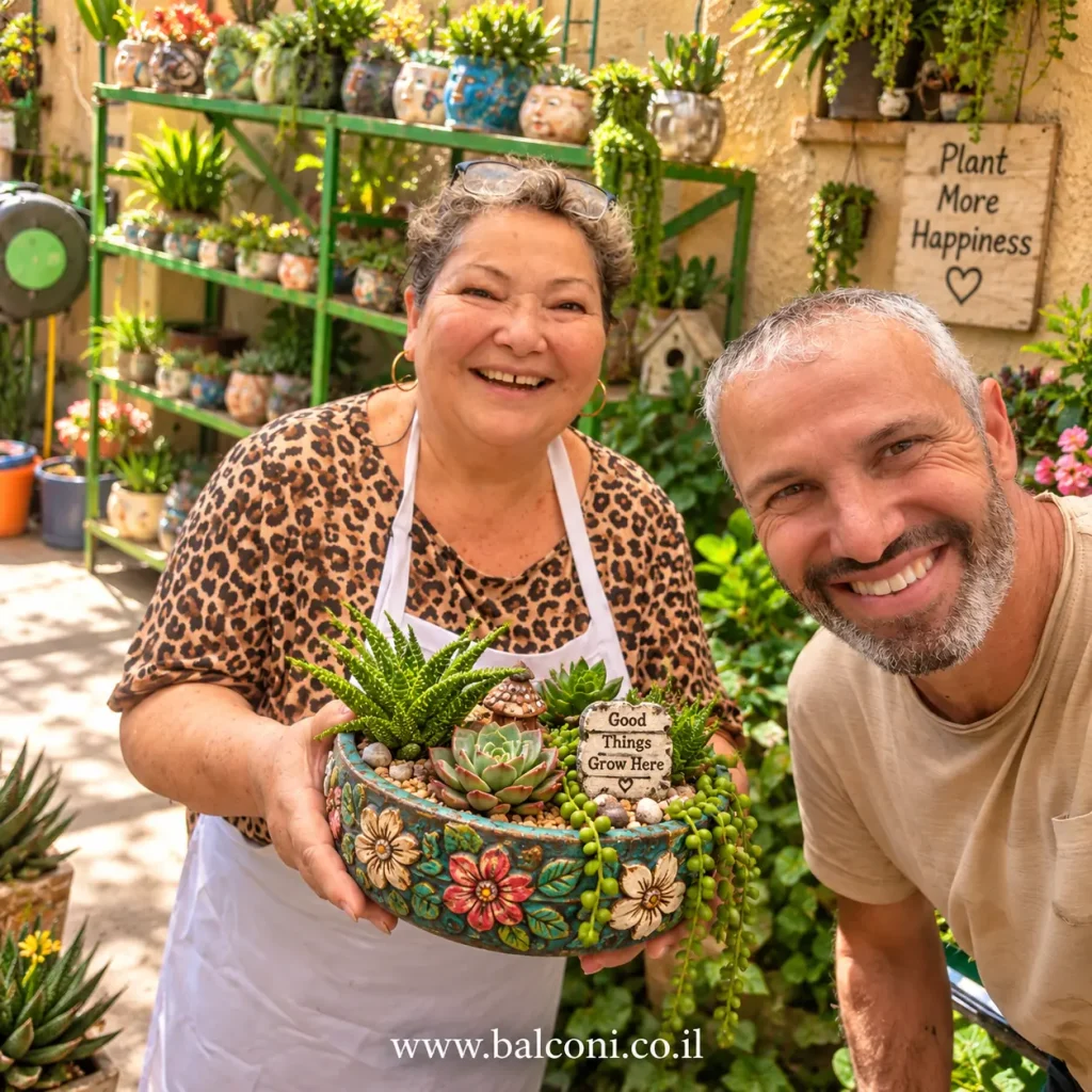 זוג מחייך מחזיק עציץ בטון פרחוני, ברקע שלט "Plant More Happiness"