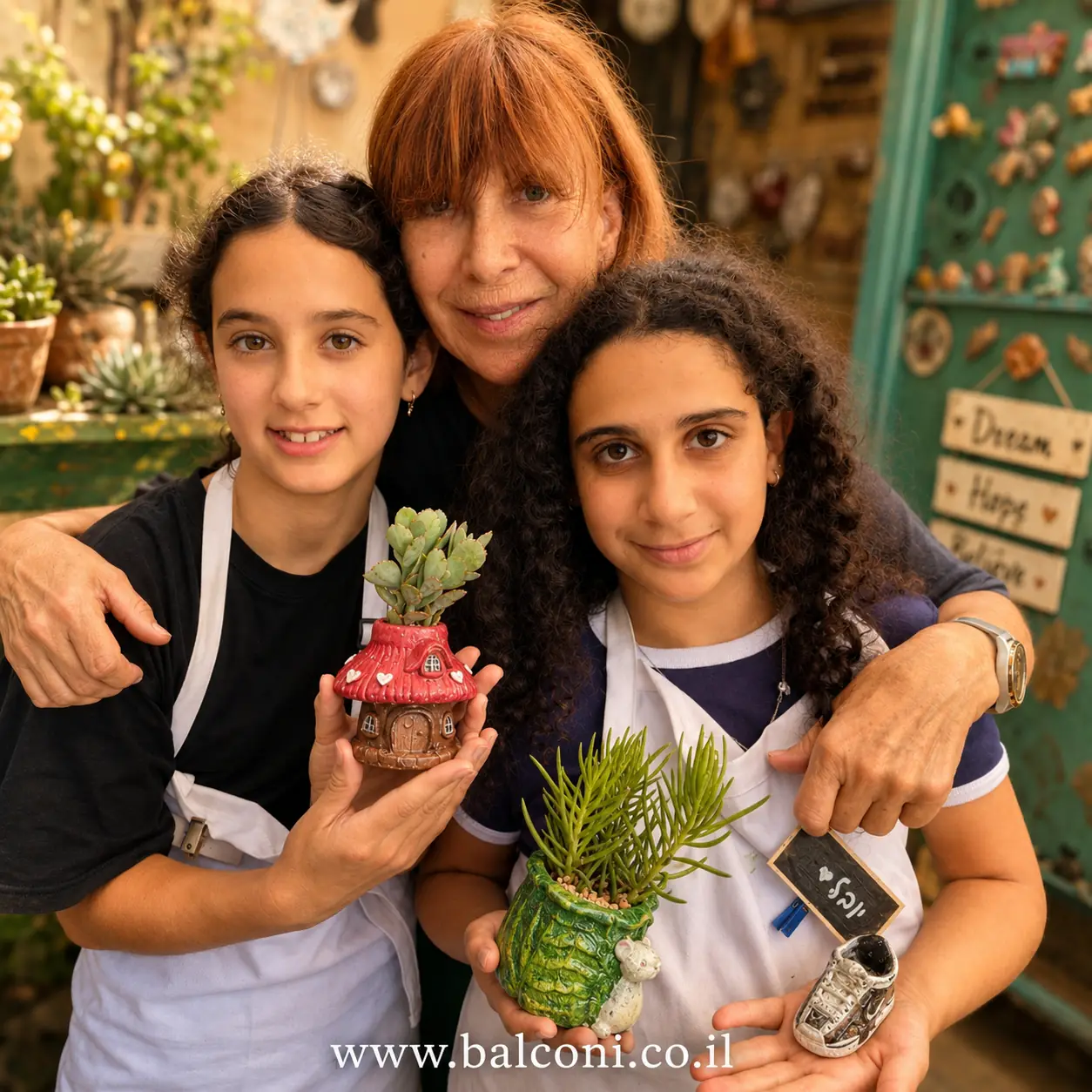 סבתא ושתי נכדות מחייכות מחזיקות עציצי בטון עם סוקולנטים שהכינו יחד