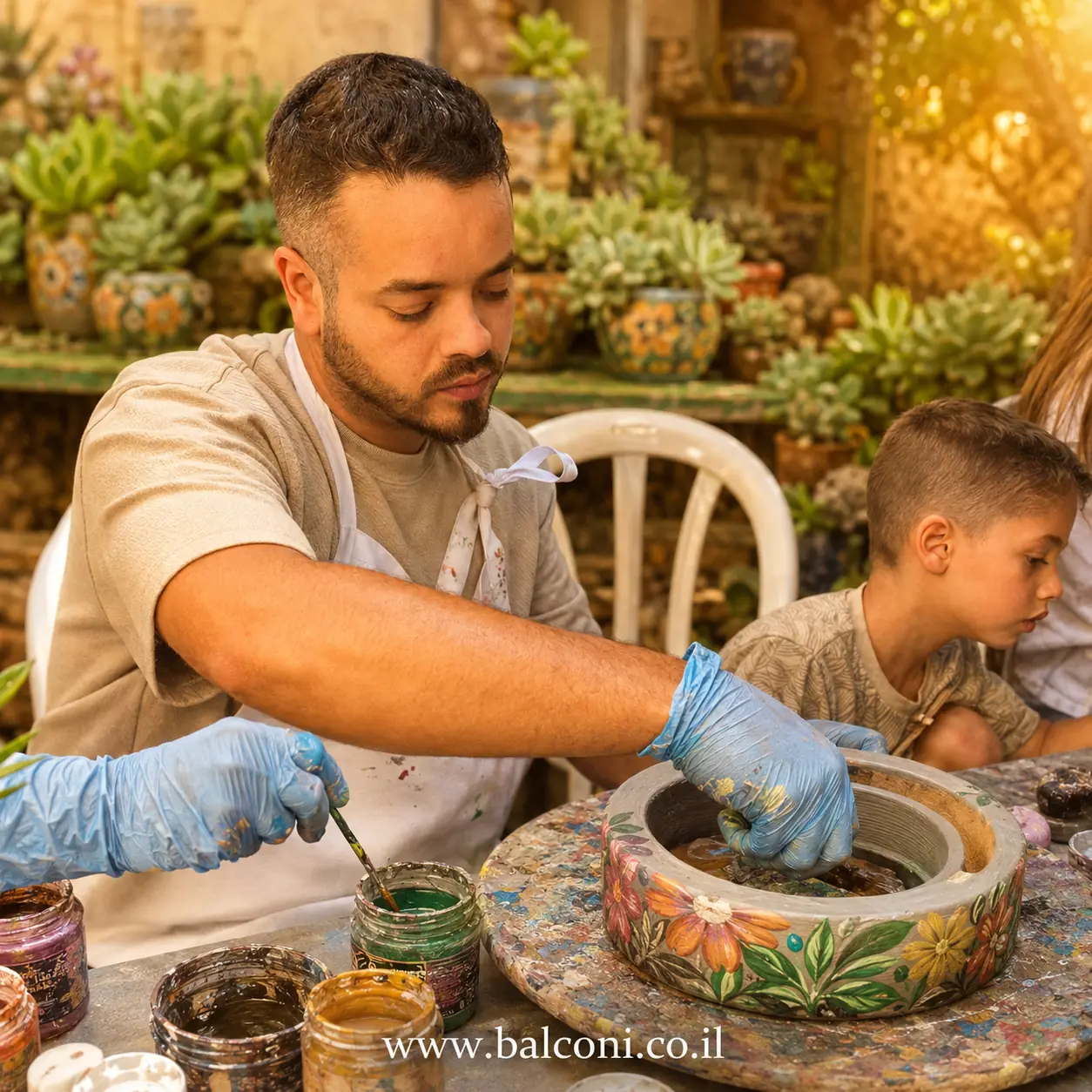 אב ובן צובעים יחד עציץ בטון בסדנת יצירה