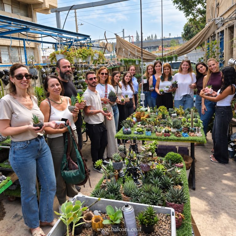 משתתפי קבוצה עומדים לאורך שולחן הסוקולנטים עם העציצים שהכינו